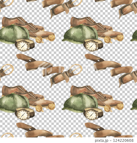 Male accessories seamless pattern with leather brown shoes,leather belt and watch watercolor illustration. Hand drawn hipster background, male clipart for gift packing,wallpaper design Male accessories seamless pattern with leather brown shoes,leather belt and watch watercolor illustration. Hand drawn hipster background, male clipart for gift packing,wallpaper design 124220608