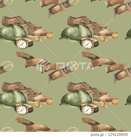 Gentlemen accessories seamless pattern on green with leather office shoes, belt and watch watercolor illustration. Hand drawn hipster background, clipart for father's day gift packing,wallpaper design 124220609