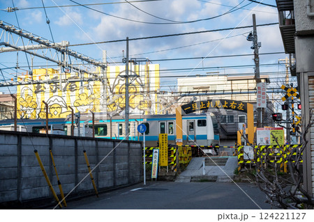【京浜東北線】早朝の踏切を通過する普通列車 124221127