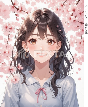 黒髪のかわいい女の子の笑顔と桜 124221180