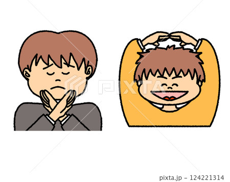 両手でマルとバツを作る男性のイラスト セット 両手でマルとバツを作る男性のイラスト セット 124221314