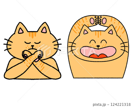 手でマルとバツを作るトラ猫のイラスト セット 手でマルとバツを作るトラ猫のイラスト セット 124221318