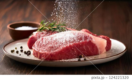 新鮮な肉に塩をまぶす調理シーン1 124221320