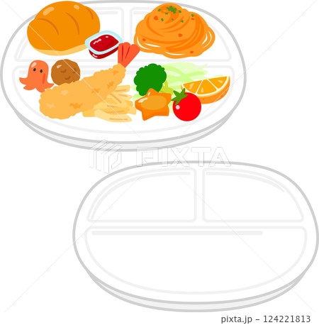 仕切り付きの皿に盛ったお子様ランチ 124221813