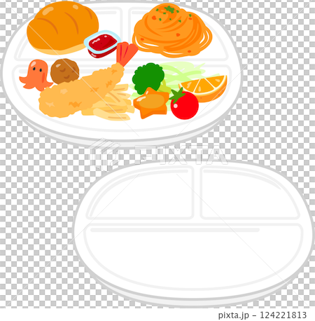 仕切り付きの皿に盛ったお子様ランチ 124221813