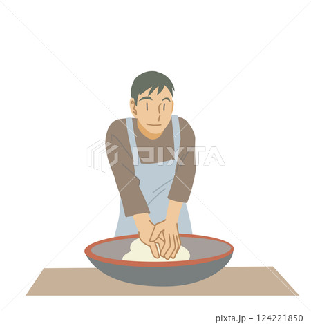 こね鉢でそば粉をこねる男性 124221850