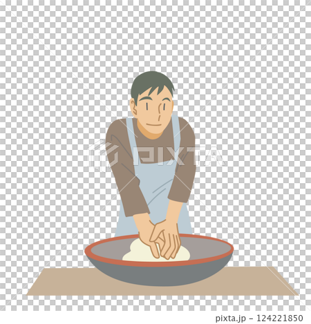 こね鉢でそば粉をこねる男性 124221850