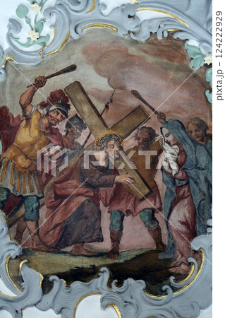 Jesus meets his mother, Way of the Cross, fresco on the ceiling of the Church of Our Lady of Sorrows in Rosenberg, Germany Jesus meets his mother, Way of the Cross, fresco on the ceiling of the Church of Our Lady of Sorrows in Rosenberg, Germany 124222929