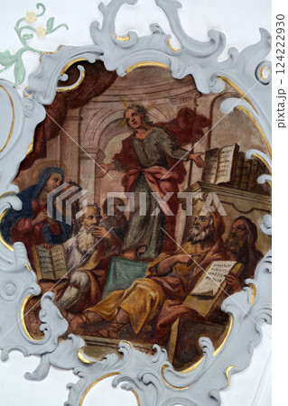 Jesus in temple, fresco on the ceiling of the Church of Our Lady of Sorrows in Rosenberg, Germany 124222930