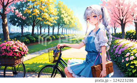 自転車と銀髪の少女　イラスト 124223286