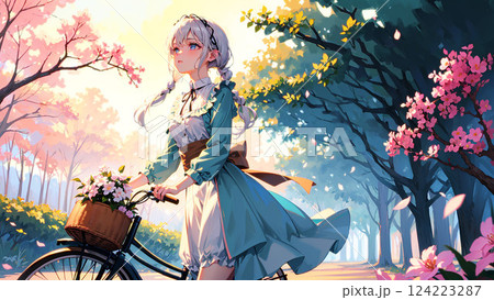 桜の木の下で自転車に乗る銀髪の少女　イラスト 124223287
