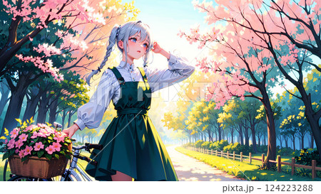 桜の木の下に立つ銀髪の少女　イラスト 124223288