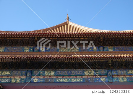 Tiled roof and facade decorated with a Chinese pattern. Palace in The Forbidden City, Beijing. Tiled roof and facade decorated with a Chinese pattern. Palace in The Forbidden City, Beijing. 124223338