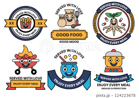 Set of illustrations in the concept of a food shop in line drawing style Set of illustrations in the concept of a food shop in line drawing style 124223678