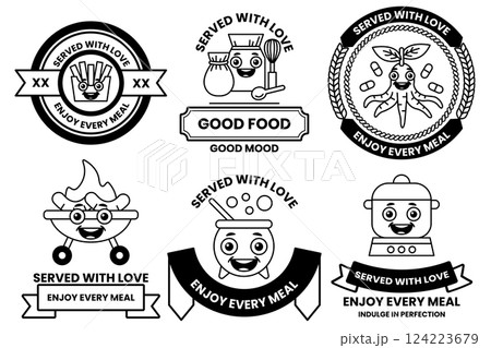 Set of illustrations in the concept of a food shop in line drawing style 124223679