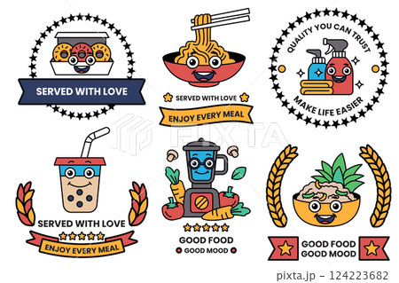 Set of illustrations in the concept of a food shop in line drawing style 124223682
