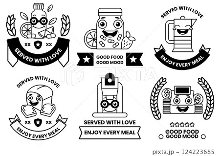 Set of illustrations in the concept of a food shop in line drawing style 124223685