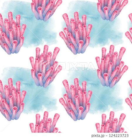 Tubular coral on blue spot. Seamless pattern. Watercolor and marker illustrations. Ocean coral reefs, underwater organism of seabed. Hand drawn isolated art. Background for marine design fabric 124223723