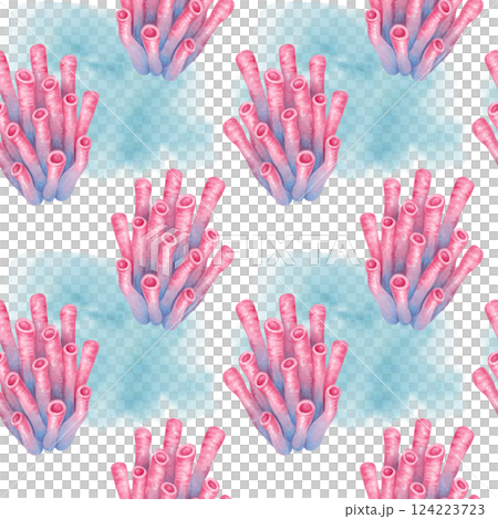 Tubular coral on blue spot. Seamless pattern. Watercolor and marker illustrations. Ocean coral reefs, underwater organism of seabed. Hand drawn isolated art. Background for marine design fabric 124223723