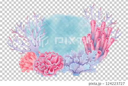Underwater composition of coral reef. Watercolor and marker illustrations. Ocean plant of seabed. Hand drawn isolated art. Exotic nature tropical ecosystem template for tourism industry, travel guide Underwater composition of coral reef. Watercolor and marker illustrations. Ocean plant of seabed. Hand drawn isolated art. Exotic nature tropical ecosystem template for tourism industry, travel guide 124223727