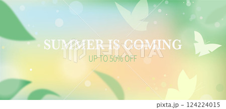 Bright summer sale banner with floating 3d leaves, butterflies, fresh background, and up to 50% off 124224015