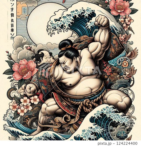 浮世絵みたいな相撲のイラスト 124224400
