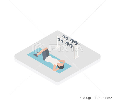 Character doing sports isometric 3D vector illustration. Gym concept with sports equipment. 124224562