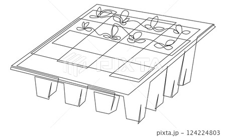 Young sprouts growing in plastic pots cassette continuous one line art. Healthy food production, vector design drawn by single line. 124224803