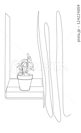 A potted plant on a windowsill by the curtain continuous one line art. Interior decor trendy single line design. Contour drawing vector illustration. 124224804