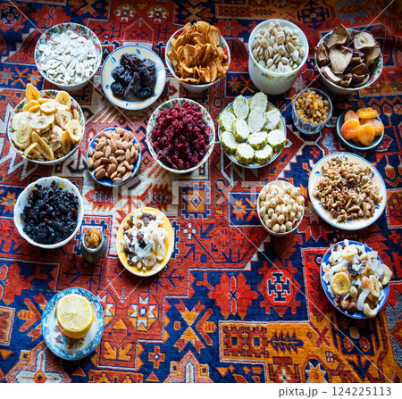 East table. Many tasty food 124225113