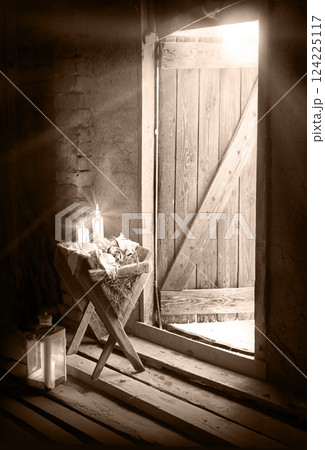 Manger in the barn. Christmas background 124225117