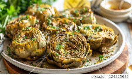 Grilled artichokes with herbs and garlic butter on a rustic plate. A delicious Mediterranean dish. Greek artichoke  124225685
