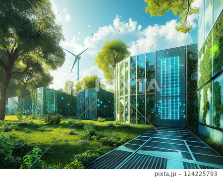 Futuristic eco-friendly data center harmoniously blending technology with nature, showcasing sustainable innovation. 124225793