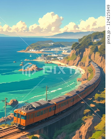 海岸線を行く列車　絵画　素材　背景 124225849