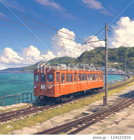海岸線を行く列車　絵画　素材　背景 124225850