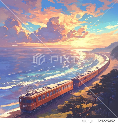海岸線を行く列車　絵画　素材　背景 124225852