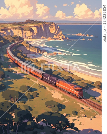 海岸線を行く列車　絵画　素材　背景 124225854