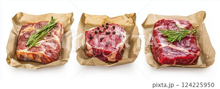 Fresh raw meat steaks with herbs and spices on paper isolated on white background 124225950