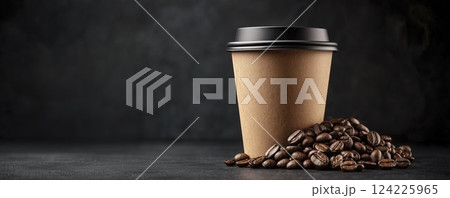Paper coffee cup with roasted beans on dark background with copy space 124225965