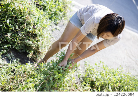 Woman Pulls Weeds Out Of The Garden Woman Pulls Weeds Out Of The Garden 124226094