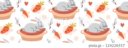Easter rabbit seamless pattern. Festive bunny dreaming of carrots. Spring background with funny bunny. For wrapping paper, textiles, children room. Vector flat illustration. 124226557