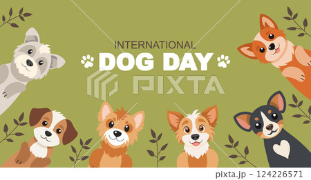 International dog day with cute puppies. Cute cartoon dogs on green background. Flat style illustration. 124226571