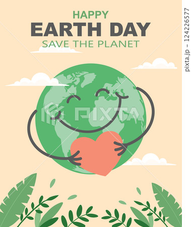 Earth Day banner. Earth Day greeting card with cute Earth holding heart. Illustration. Earth Day banner. Earth Day greeting card with cute Earth holding heart. Illustration. 124226577