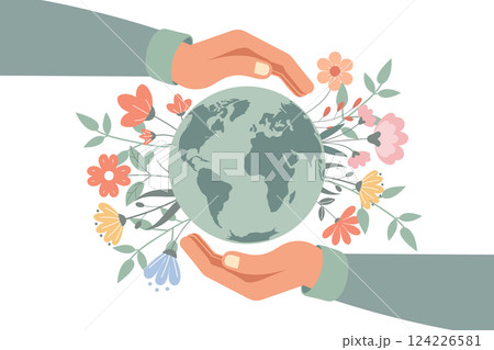 Happy earth day card with hands holding a globe with flowers and leaves. Flat style. Poster. Happy earth day card with hands holding a globe with flowers and leaves. Flat style. Poster. 124226581