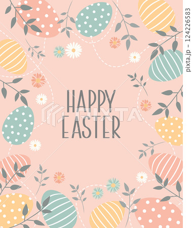Happy Easter vertical banner with decorated eggs and floral decorations.. Festive design for spring holiday. Cute easter greeting card. Happy Easter vertical banner with decorated eggs and floral decorations.. Festive design for spring holiday. Cute easter greeting card. 124226583