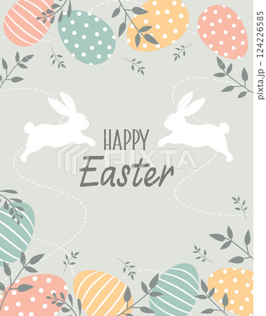 Happy Easter vertical banner with bunnies, decorated eggs and floral decorations. Festive design for spring holiday. Cute easter greeting card. Happy Easter vertical banner with bunnies, decorated eggs and floral decorations. Festive design for spring holiday. Cute easter greeting card. 124226585