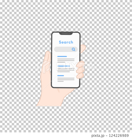 Screen showing search results on a smartphone held in hand (line drawing, flat) 124226989