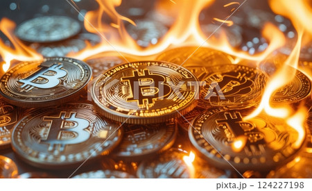 A Bitcoin coins engulfed in bright, intense flames. A Bitcoin coins engulfed in bright, intense flames. 124227198