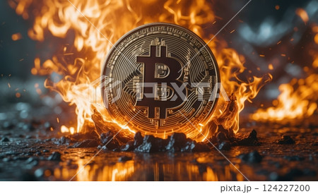 a Bitcoin coin engulfed in flames 124227200