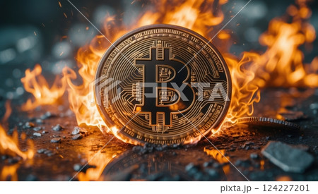 a Bitcoin coin engulfed in flames 124227201
